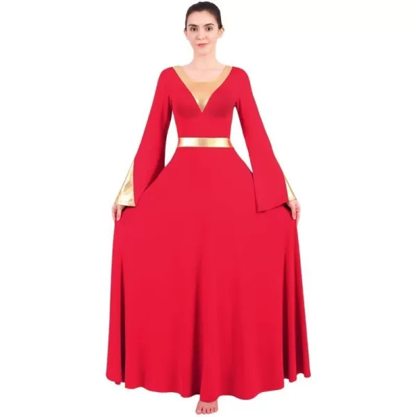 Women Metallic Color Block Liturgical Praise Lyrical Dance Dress Bell Long Sleeve Church Dancewear Gown Worship CostumeRed