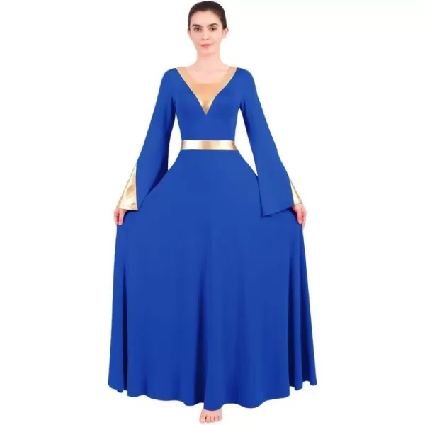 Women Metallic Color Block Liturgical Praise Lyrical Dance Dress Bell Long Sleeve Church Dancewear Gown Worship CostumeRoyal Blue