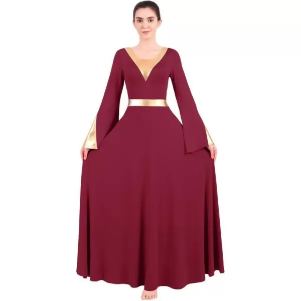 Women Metallic Color Block Liturgical Praise Lyrical Dance Dress Bell Long Sleeve Church Dancewear Gown Worship CostumeWine Red