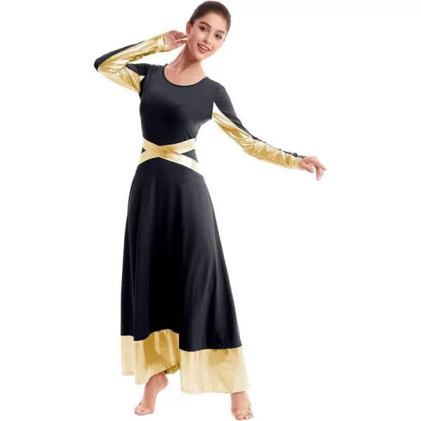 Women Metallic Cross Color Block Liturgical Praise Dance Dresses Christian Church Robe Worship Skirt Ballet DancewearBlack