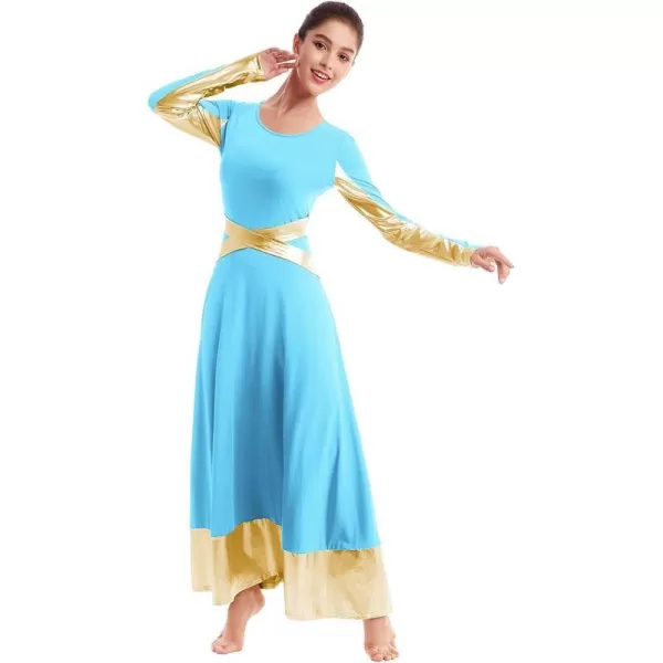 Women Metallic Cross Color Block Liturgical Praise Dance Dresses Christian Church Robe Worship Skirt Ballet DancewearBlue