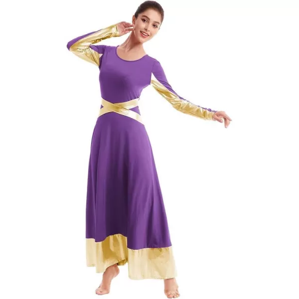 Women Metallic Cross Color Block Liturgical Praise Dance Dresses Christian Church Robe Worship Skirt Ballet DancewearPurple