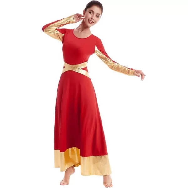 Women Metallic Cross Color Block Liturgical Praise Dance Dresses Christian Church Robe Worship Skirt Ballet DancewearRed