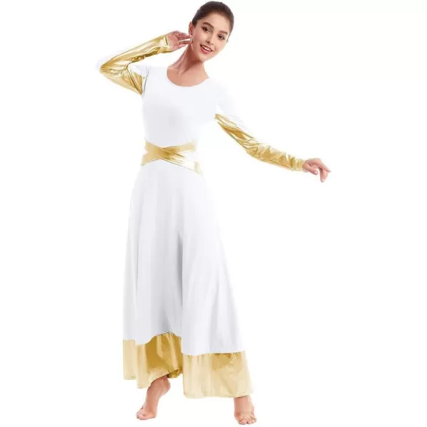 Women Metallic Cross Color Block Liturgical Praise Dance Dresses Christian Church Robe Worship Skirt Ballet DancewearWhite