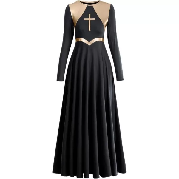 Women Metallic Cross Praise Dance Dresses Liturgical Lyrical Dancewear Color Block Long Sleeve Worship Dance DressBlack