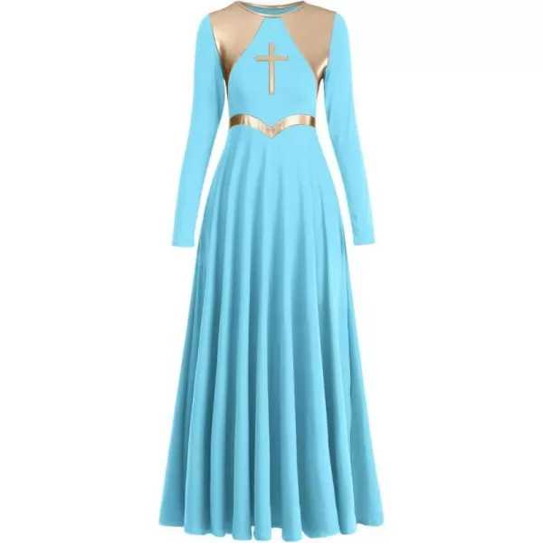 Women Metallic Cross Praise Dance Dresses Liturgical Lyrical Dancewear Color Block Long Sleeve Worship Dance DressBlue