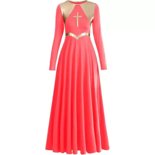 Women Metallic Cross Praise Dance Dresses Liturgical Lyrical Dancewear Color Block Long Sleeve Worship Dance DressFluorescent Orange