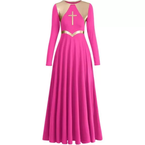 Women Metallic Cross Praise Dance Dresses Liturgical Lyrical Dancewear Color Block Long Sleeve Worship Dance DressHot Pink