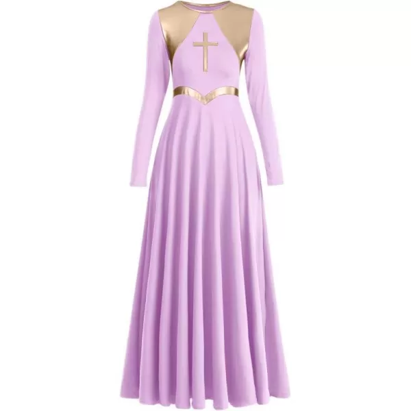 Women Metallic Cross Praise Dance Dresses Liturgical Lyrical Dancewear Color Block Long Sleeve Worship Dance DressLilac