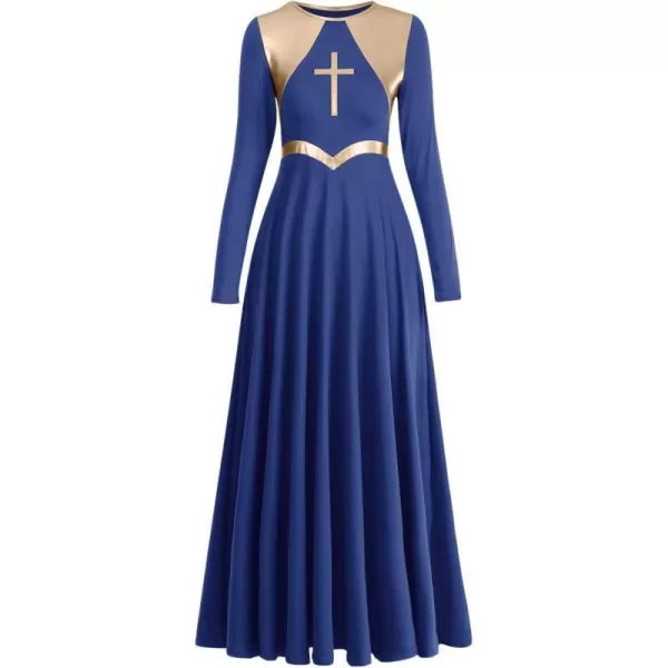 Women Metallic Cross Praise Dance Dresses Liturgical Lyrical Dancewear Color Block Long Sleeve Worship Dance DressNavy Blue