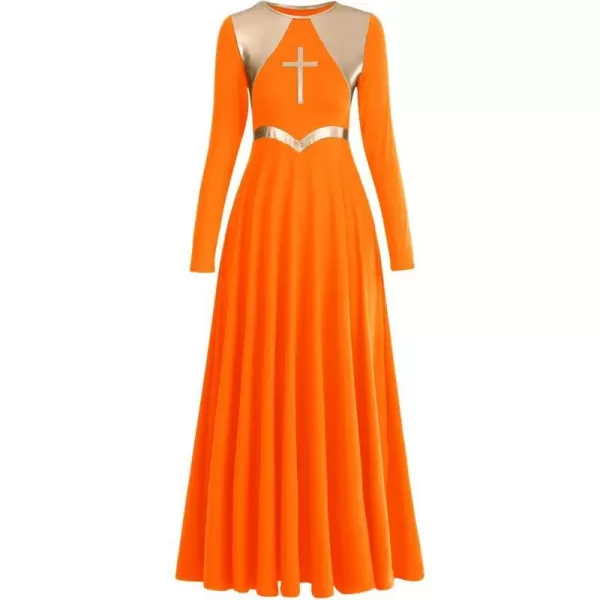 Women Metallic Cross Praise Dance Dresses Liturgical Lyrical Dancewear Color Block Long Sleeve Worship Dance DressOrange