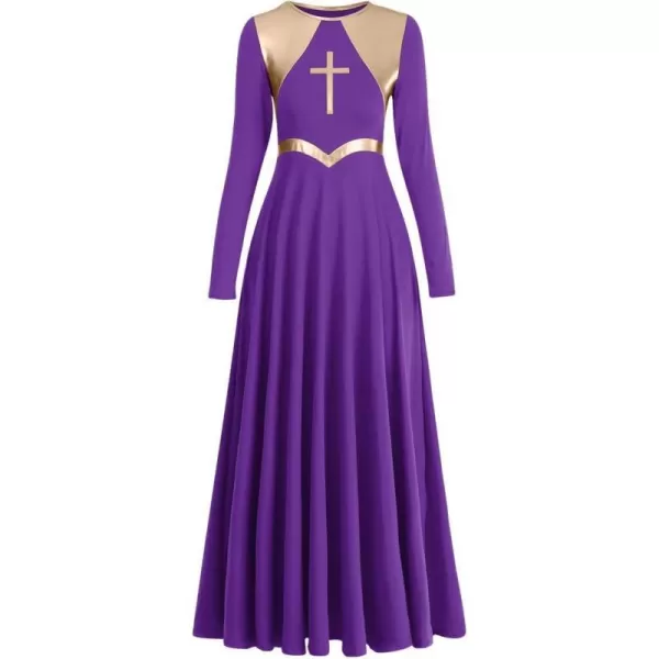 Women Metallic Cross Praise Dance Dresses Liturgical Lyrical Dancewear Color Block Long Sleeve Worship Dance DressPurple