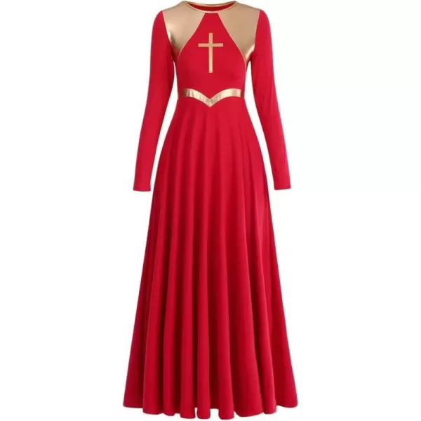 Women Metallic Cross Praise Dance Dresses Liturgical Lyrical Dancewear Color Block Long Sleeve Worship Dance DressRed