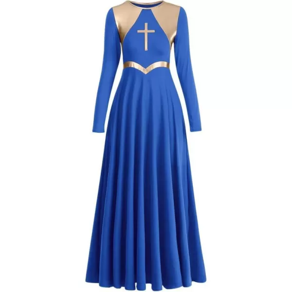 Women Metallic Cross Praise Dance Dresses Liturgical Lyrical Dancewear Color Block Long Sleeve Worship Dance DressRoyal Blue