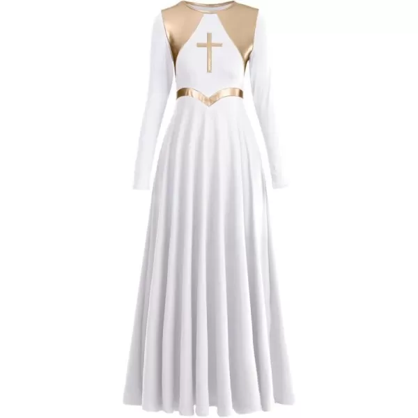 Women Metallic Cross Praise Dance Dresses Liturgical Lyrical Dancewear Color Block Long Sleeve Worship Dance DressWhite