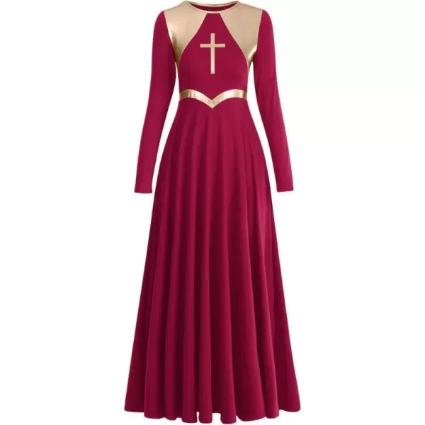 Women Metallic Cross Praise Dance Dresses Liturgical Lyrical Dancewear Color Block Long Sleeve Worship Dance DressWine Red