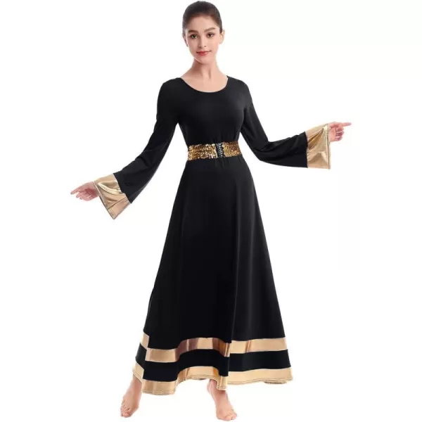 Women Metallic Praise Dance Dress Bell Long Sleeve Full Length Liturgical Tunic SkirtSequins Waistband Worship CostumeBlack