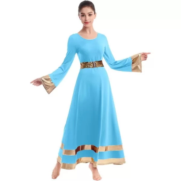 Women Metallic Praise Dance Dress Bell Long Sleeve Full Length Liturgical Tunic SkirtSequins Waistband Worship CostumeBlue