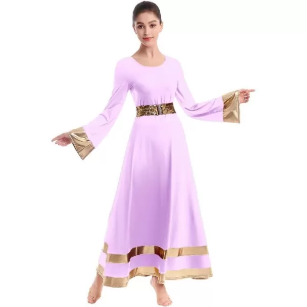 Women Metallic Praise Dance Dress Bell Long Sleeve Full Length Liturgical Tunic SkirtSequins Waistband Worship CostumeLight Purple