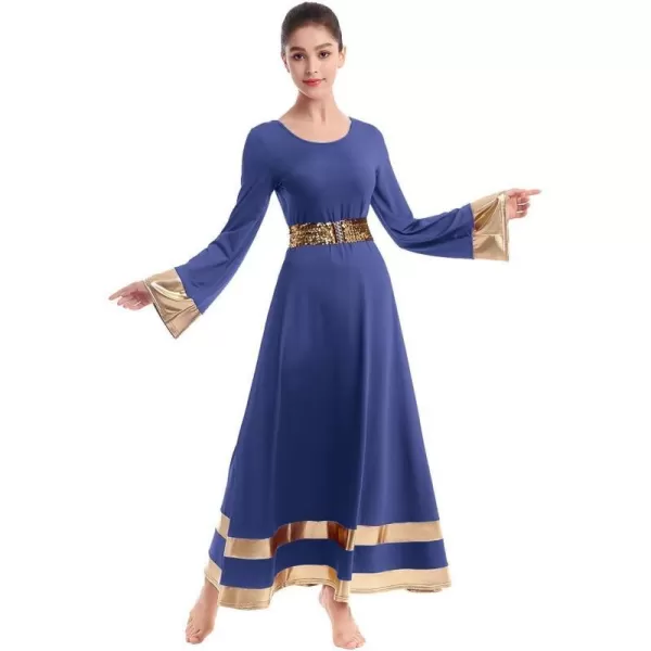 Women Metallic Praise Dance Dress Bell Long Sleeve Full Length Liturgical Tunic SkirtSequins Waistband Worship CostumeNavy Blue