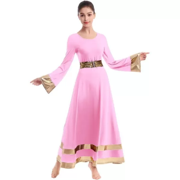 Women Metallic Praise Dance Dress Bell Long Sleeve Full Length Liturgical Tunic SkirtSequins Waistband Worship CostumePink