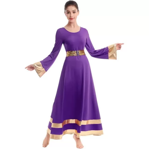 Women Metallic Praise Dance Dress Bell Long Sleeve Full Length Liturgical Tunic SkirtSequins Waistband Worship CostumePurple