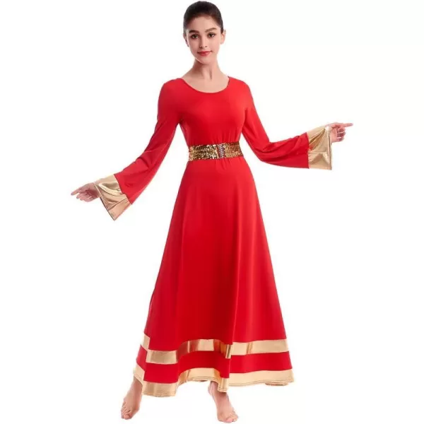 Women Metallic Praise Dance Dress Bell Long Sleeve Full Length Liturgical Tunic SkirtSequins Waistband Worship CostumeRed