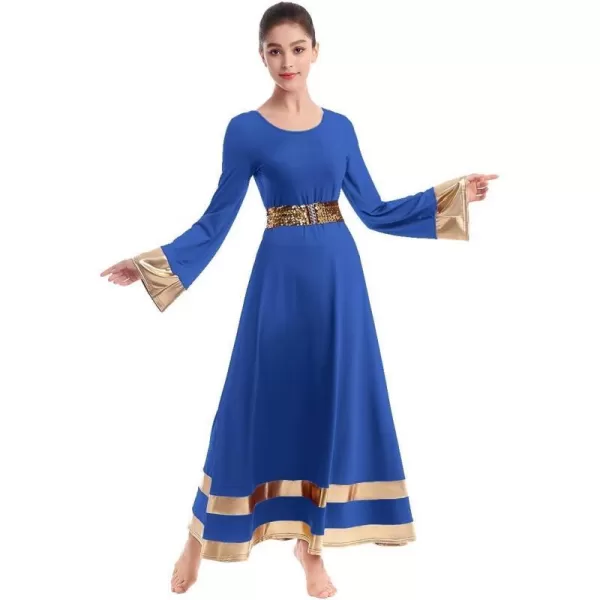 Women Metallic Praise Dance Dress Bell Long Sleeve Full Length Liturgical Tunic SkirtSequins Waistband Worship CostumeRoyal Blue