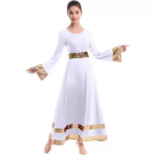 Women Metallic Praise Dance Dress Bell Long Sleeve Full Length Liturgical Tunic SkirtSequins Waistband Worship CostumeWhite