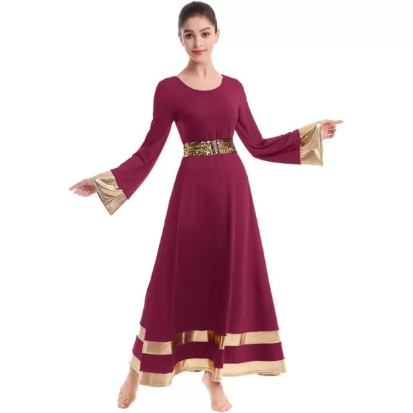 Women Metallic Praise Dance Dress Bell Long Sleeve Full Length Liturgical Tunic SkirtSequins Waistband Worship CostumeWine Red