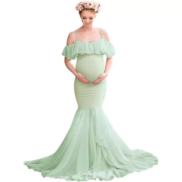 Women Ruffle Chiffon Off Shoulder Maternity Dress for Photography Baby Shower Flounce Maxi Mermaid Gown for PhotoshootGreen