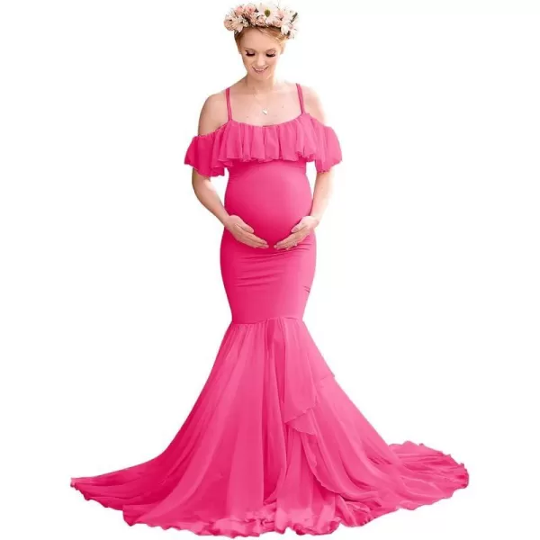 Women Ruffle Chiffon Off Shoulder Maternity Dress for Photography Baby Shower Flounce Maxi Mermaid Gown for PhotoshootHot Pink