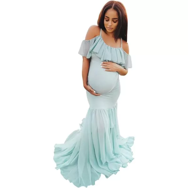 Women Ruffle Chiffon Off Shoulder Maternity Dress for Photography Baby Shower Flounce Maxi Mermaid Gown for PhotoshootLight Green