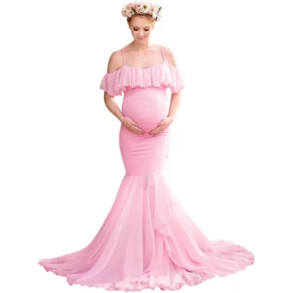 Women Ruffle Chiffon Off Shoulder Maternity Dress for Photography Baby Shower Flounce Maxi Mermaid Gown for PhotoshootPink