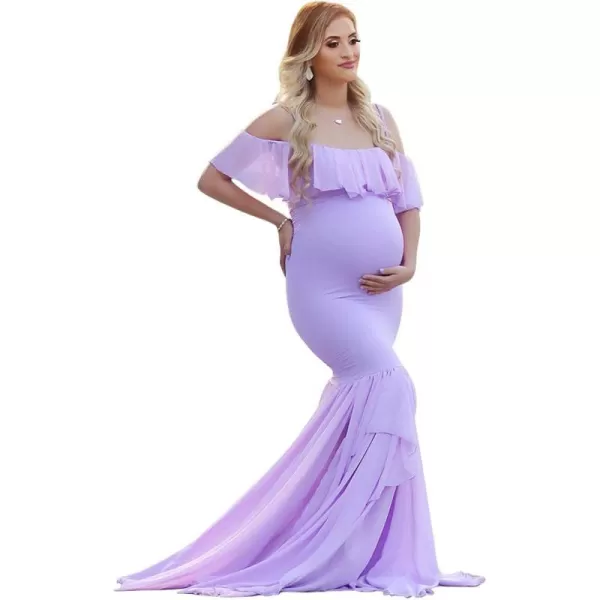 Women Ruffle Chiffon Off Shoulder Maternity Dress for Photography Baby Shower Flounce Maxi Mermaid Gown for PhotoshootPurple