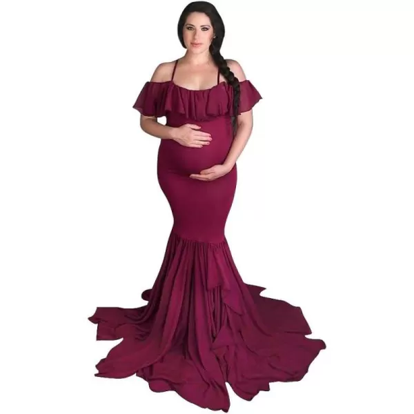 Women Ruffle Chiffon Off Shoulder Maternity Dress for Photography Baby Shower Flounce Maxi Mermaid Gown for PhotoshootWine Red