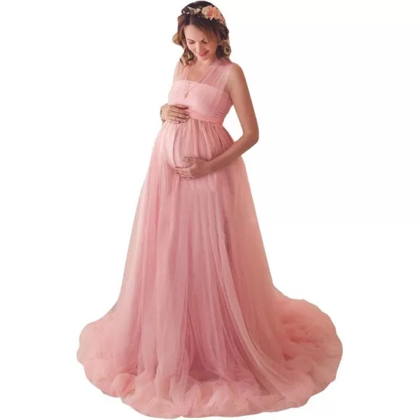 Womens Convertible Multi Way Wrap Tulle Maternity Dress Fit Maxi Off Shoulder Evening Gown for Photoshoot Baby ShowerPink