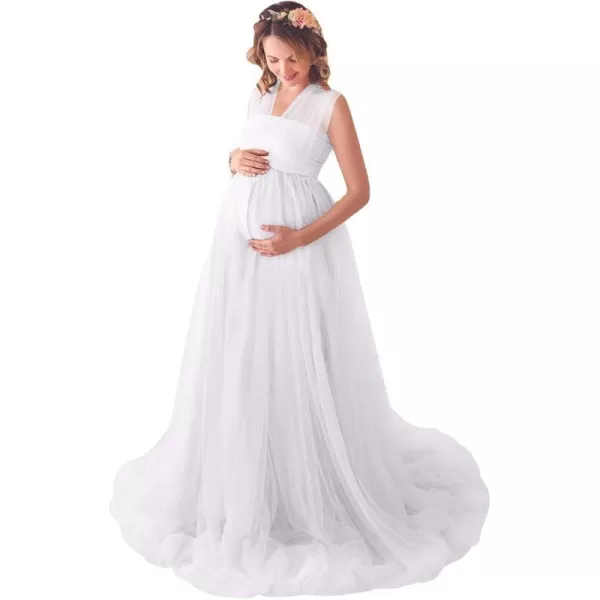 Womens Convertible Multi Way Wrap Tulle Maternity Dress Fit Maxi Off Shoulder Evening Gown for Photoshoot Baby ShowerWhite