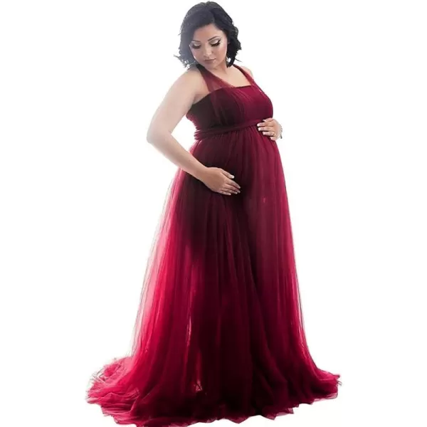 Womens Convertible Multi Way Wrap Tulle Maternity Dress Fit Maxi Off Shoulder Evening Gown for Photoshoot Baby ShowerWine Red