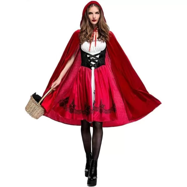 Womens Little Red Riding Hood Costume Halloween Christmas Party Dresses with Hooded Cloak Long Velvet Cape Outfit SetWomens Little Red Riding Hood Costume Halloween Christmas Party Dresses with Hooded Cloak Long Velvet Cape Outfit Set