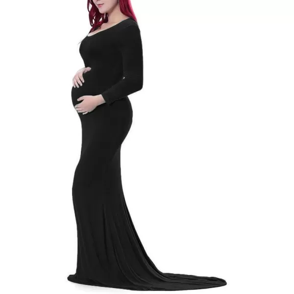 Womens Long Sleeve Maternity Dress Elegant Fitted Gown Slim Fit Maxi Photography Dress for Baby Shower Photo ShootBlack