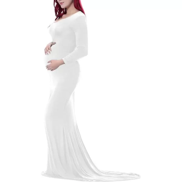 Womens Long Sleeve Maternity Dress Elegant Fitted Gown Slim Fit Maxi Photography Dress for Baby Shower Photo ShootWhite