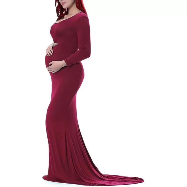 Womens Long Sleeve Maternity Dress Elegant Fitted Gown Slim Fit Maxi Photography Dress for Baby Shower Photo ShootWine Red