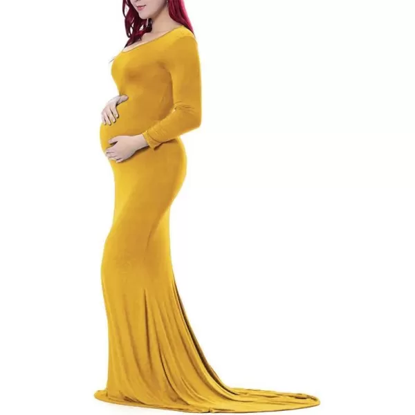 Womens Long Sleeve Maternity Dress Elegant Fitted Gown Slim Fit Maxi Photography Dress for Baby Shower Photo ShootYellow