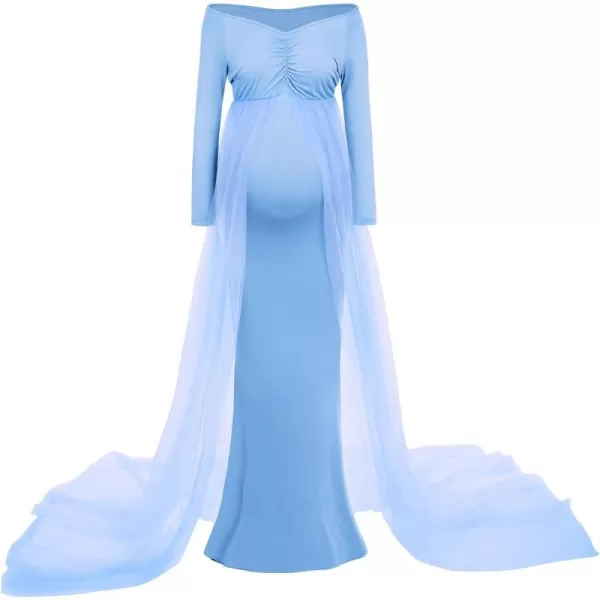 Womens Long Sleeve Off Shoulder Maternity Maxi Photography Dress Tulle Wedding Mermaid Gown for Photoshoot Baby ShowerBlue