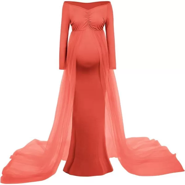 Womens Long Sleeve Off Shoulder Maternity Maxi Photography Dress Tulle Wedding Mermaid Gown for Photoshoot Baby ShowerDark Red