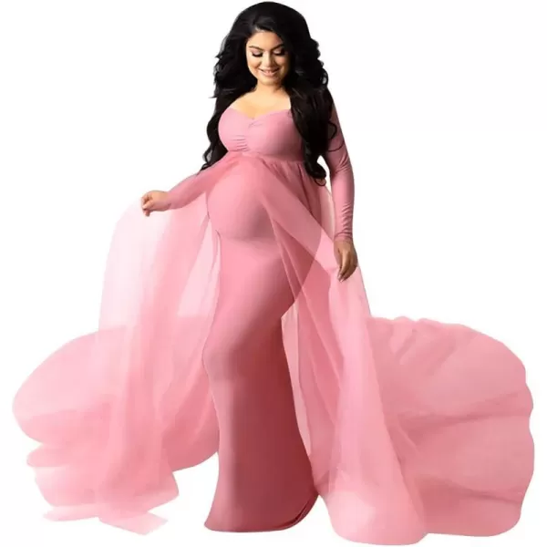 Womens Long Sleeve Off Shoulder Maternity Maxi Photography Dress Tulle Wedding Mermaid Gown for Photoshoot Baby ShowerPink