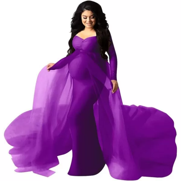 Womens Long Sleeve Off Shoulder Maternity Maxi Photography Dress Tulle Wedding Mermaid Gown for Photoshoot Baby ShowerPurple