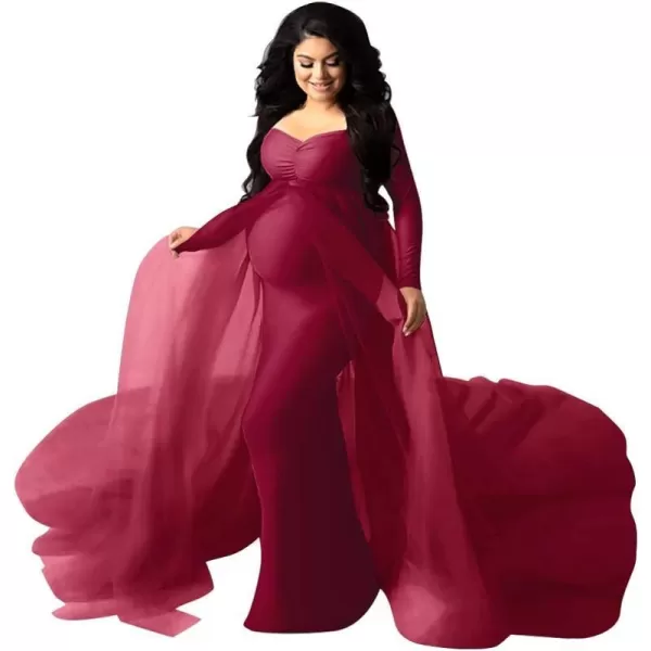 Womens Long Sleeve Off Shoulder Maternity Maxi Photography Dress Tulle Wedding Mermaid Gown for Photoshoot Baby ShowerWine Red