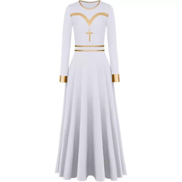 Womens Metallic Cross Praise Dance Dress Color Block Liturgical Lyrical Dancewear Loose Fit Full Length Worship CostumeWomens Metallic Cross Praise Dance Dress Color Block Liturgical Lyrical Dancewear Loose Fit Full Length Worship Costume